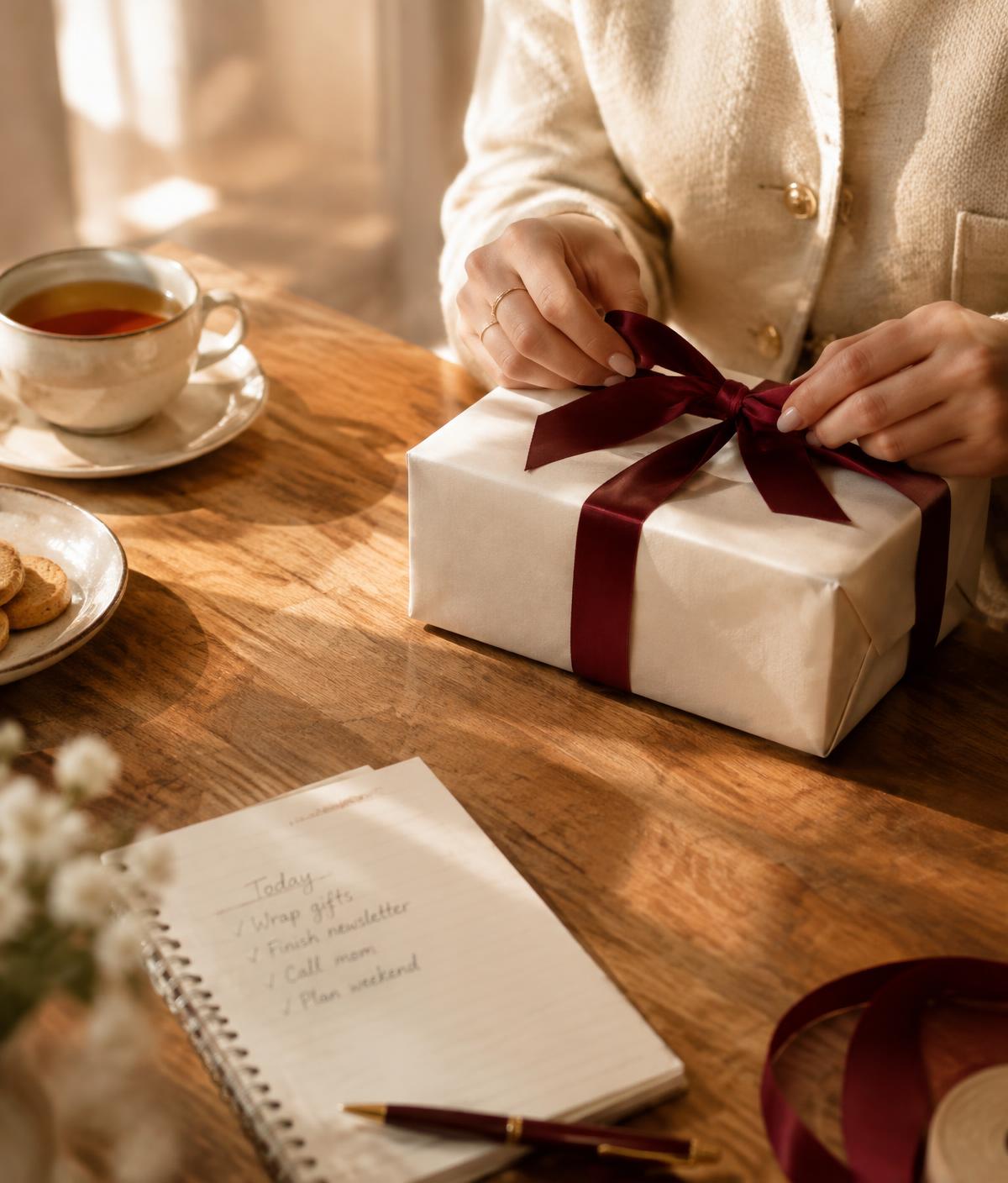 Hands tying a burgundy ribbon on a wrapped gift